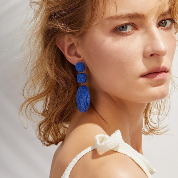 Chunky Blue Rattan Earrings Wicker Bold Statement Wicker Dangle 80s Retro New - Picture 4 of 7